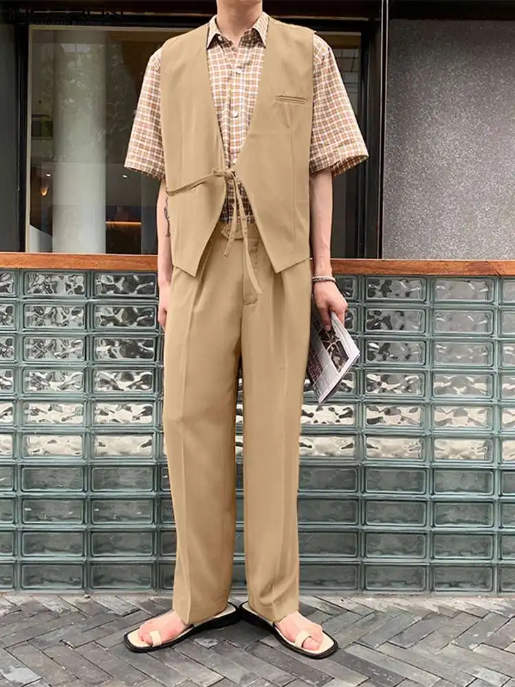

2022 Men Sets Solid Color V Neck Sleeveless Lace Up Vests & Pants 2PCS Korean Streetwear Fashion Men Casual Suits S-5XL INCERUN