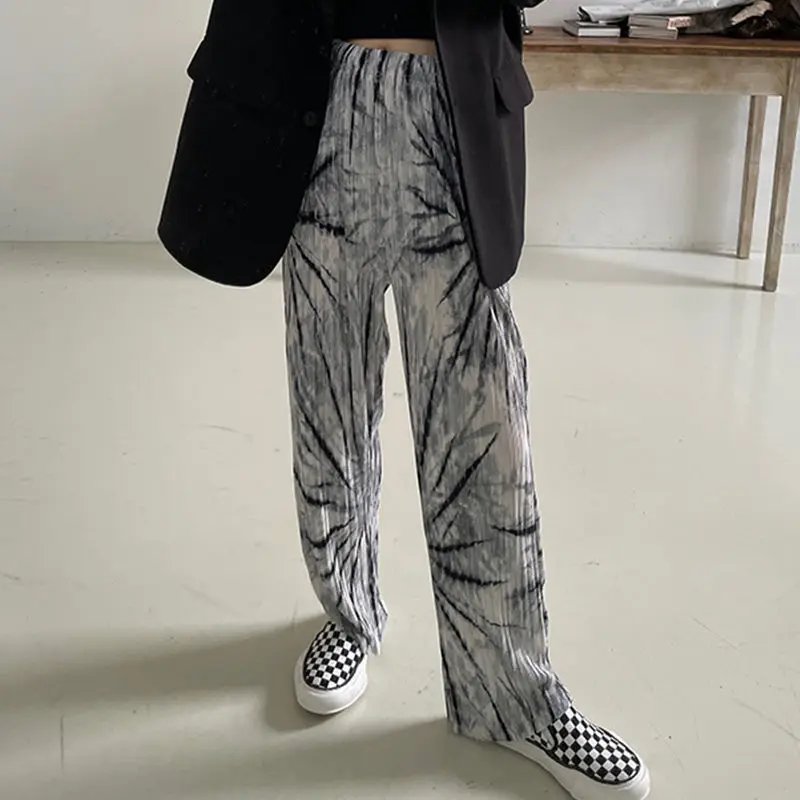 

Women 2022 Summer New Ice Silk Wide Legs Pants Female High Waist Loose Print Trousers Ladies Straight Legs Casual Pants P132