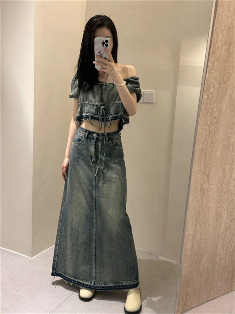 

Womens Denim Two-piece Square Neck Ultra Short Exposed Navel Short Sleeved Top + High Waisted Split Long Skirt Summer Dress Sets