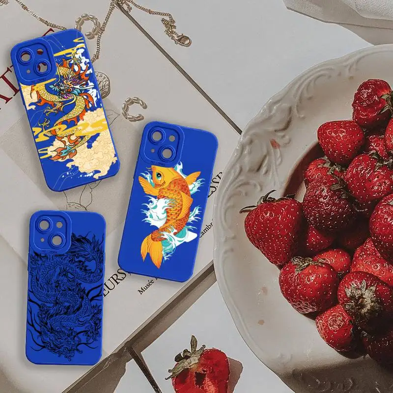 

Chinese Dragon carp line Phone Case For iPhone 13 12 11 Pro MAX Mini X XS XR 7 8 Plus Liquid Silicone Klein Blue