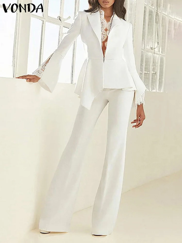

Женские Брючные костюмы VONDA 2023 с длинным Расклешенным рукавом, элегантные кружевные модные повседневные свободные однотонные костюмы с отл...