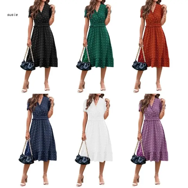 

X7YA Womens Casual Dress Ruffle Flutter Sleeve V-Neck Dress Pom-Pom Short-sleeved Dress Summer Swiss-Dot Flowy Short Dress