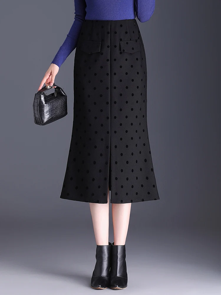 Женская осенне-зимняя черная/кофейная юбка-карандаш в горошек с высокой талией