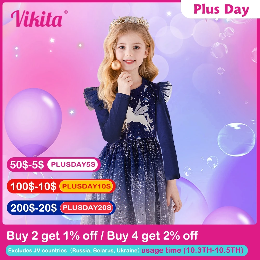 VIKITA Children Unicorn Dresses Girls Birthday Party Performance Prom Gown Elegant Dress Toddlers Long Sleeve Princess Dresses
