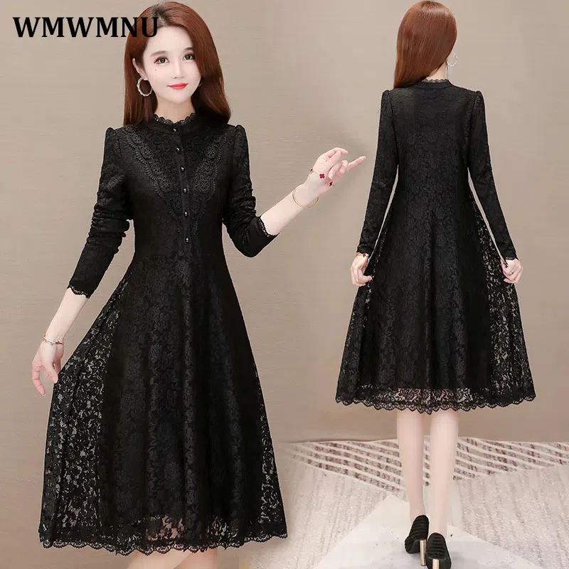 

5Xl 6Xl Oversized Vintage Hollow Lace Shirt Dress Women Elegant Long Sleeve A-Line Party Dress Spring Casual Vestidos De Mujer