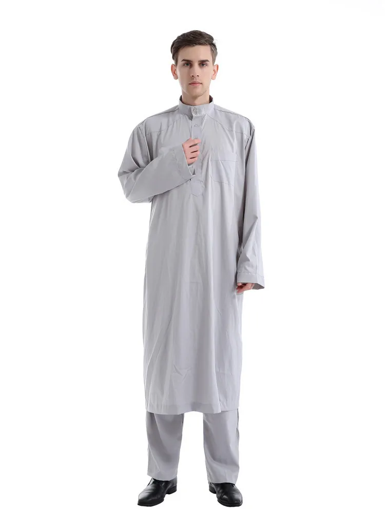 Men's New Arab Muslim Middle East Solid Color Robe Pants Two-Piece Set