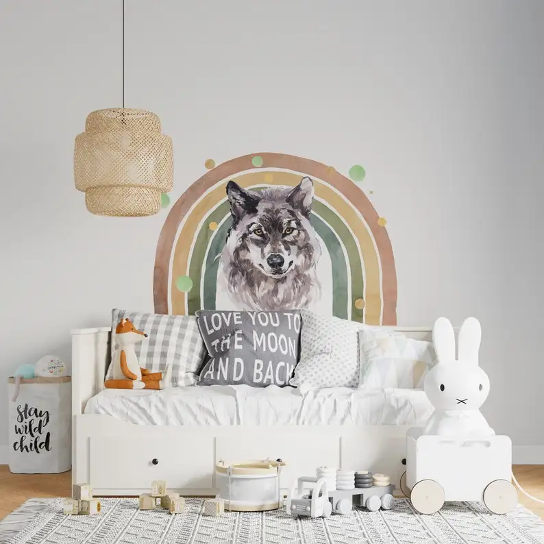 

Wolf woodland wall decal for kids, nursery room wall decal, woodland wall sticker, big set forest animals, boho rainbow wall sti