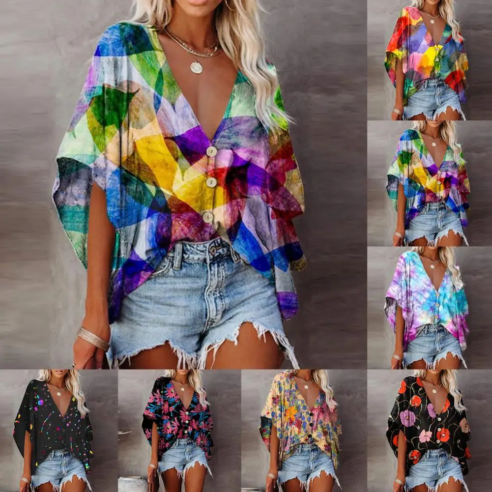 

2023 Sexy Women Summer Button Bating Ruffles Chiffon Tops Tees Plus Sizes Short Sleeve Casual Femme Blouse Shirt Befree Boho