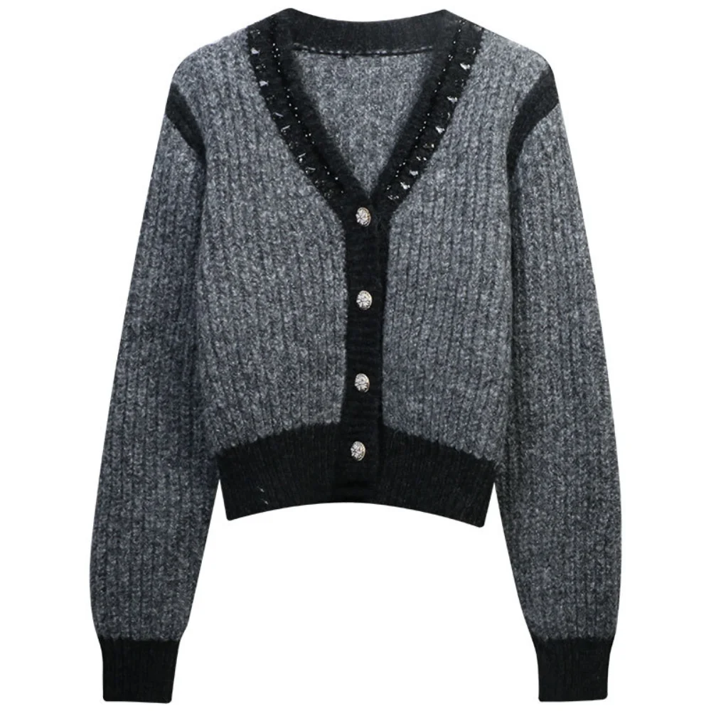 

Vintage Women Knitting Sweater Color Matching Diamond Beading Top Coat Oversize Single-Breasted Buttons Loose Cardigan Sweaters