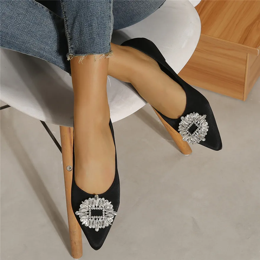 2023 Spring Lady Casual Slip-on Office Shoe Black Green Silk Pointed Flats Fashion Crystal Square Buckle Mary Jane Women's Shoes