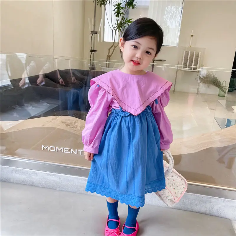 

Детские комплекты для девочек, осенняя Новинка, корейский стиль, детская одежда для девочек, рубашка с большими лацканами и юбка на подтяжка...