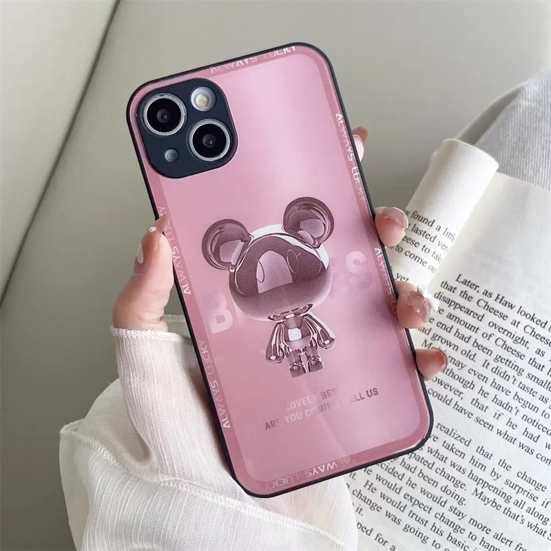 

Cute Bear Plating Shockproof Phone Case for iPhone 13 12 11 Pro Max X Xs Xr 8 7 Plus Metal Glass Silicone Lens Protection Cover