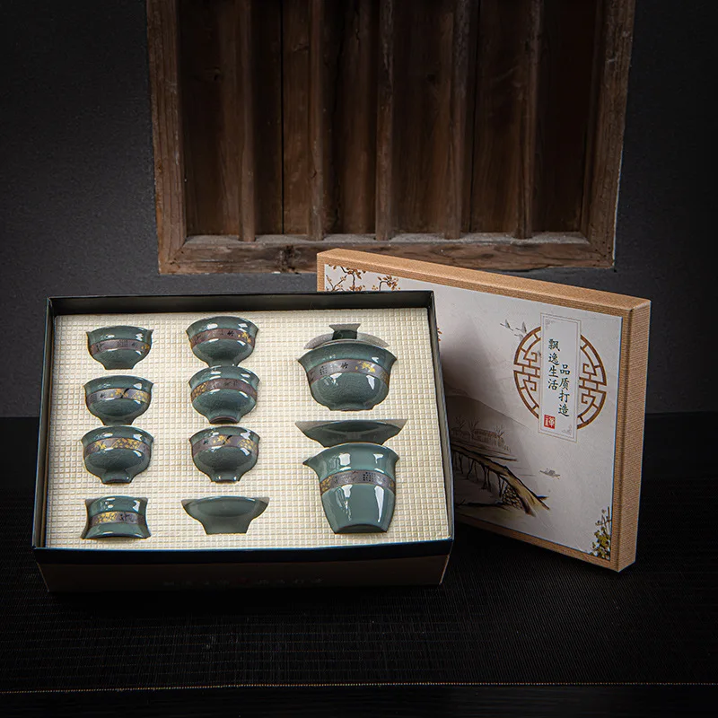

Ceramic kiln tea set of embossment 10pieces kung fu tea set gift tea teapot