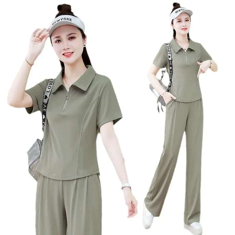 Модная футболка с короткими рукавами и лацканами женские брюки-клеш комплект из 2