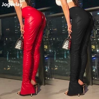 womens flash pu leather pants high waist bodycon ruched split hem faux leather club legging trousers