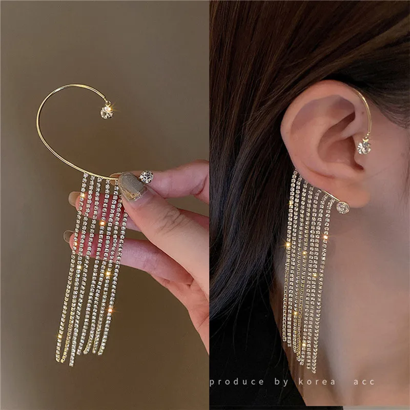 

Luxury Shining Zircon Rhinestone Long Tassel Ear Clip Ear Cuff Exquisite Vintage Clip Earrings Fashion Wedding Party Jewelry