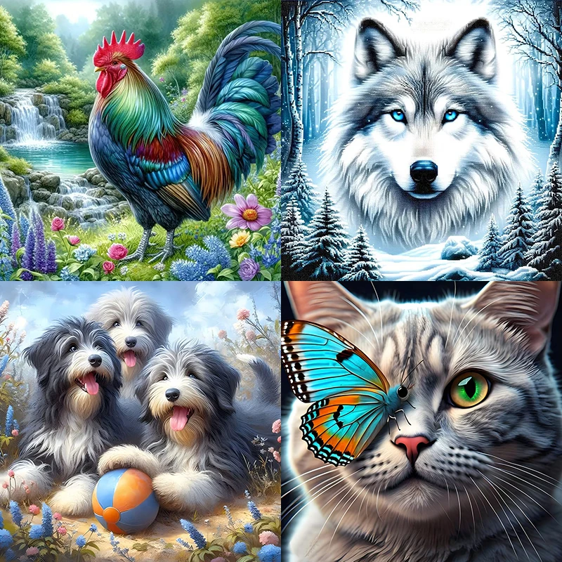 5D Полный Круглый Набор Для Алмазной Живописи-животное Петух Волк Кошка Пейзаж DIY