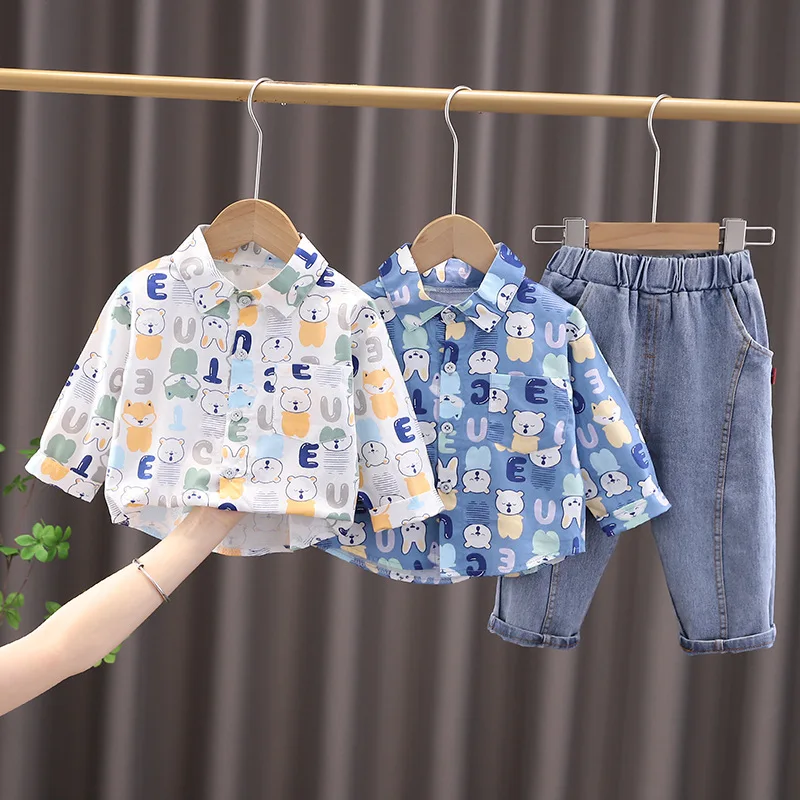 

Комплект одежды для маленьких мальчиков; Сезон весна-осень; Костюмы для маленьких мальчиков; Рубашка с длинными рукавами + джинсы; Детские п...