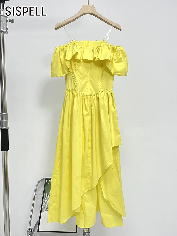 

SISPELL Tunic Solid Dresses For Women Slash Neck Puff Sleeve High Waist Folds Elegant Dress Female Summer Fashion Clothing 2023
