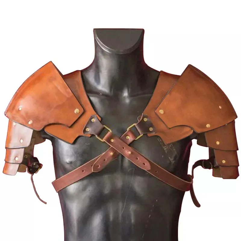 Armadura de hombro de cuero PU de caballero vikingo Medieval para hombres, traje de Cosplay de Steampunk, Pauldrons, arnés corporal para el pecho, cinturón para Larp