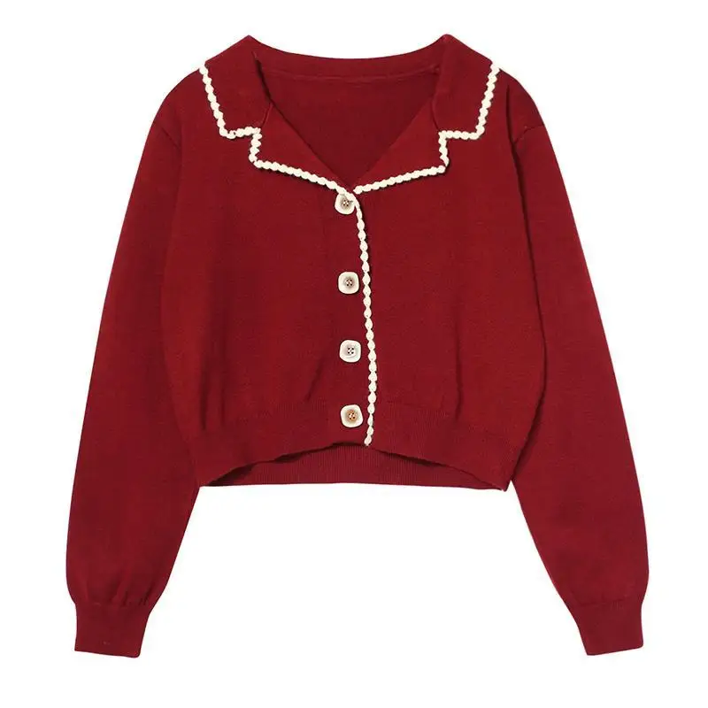 

2022 autumn new Hong Kong flavor retro large lapel knitted sweater top women's cardigan jacket sweater