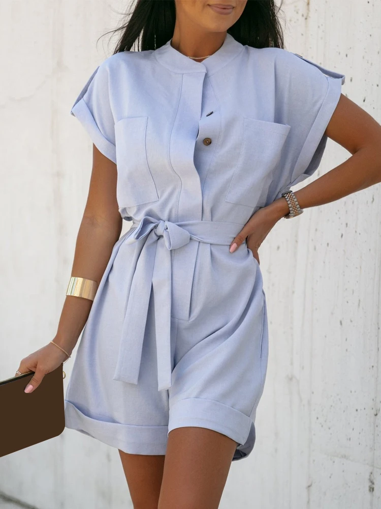 

Sexy Stand Neck Button Office Shorts Jumpsuit Women Spring Solid Tie-up Belted Romper Summer Short Sleeve Pocket Beach Overalls