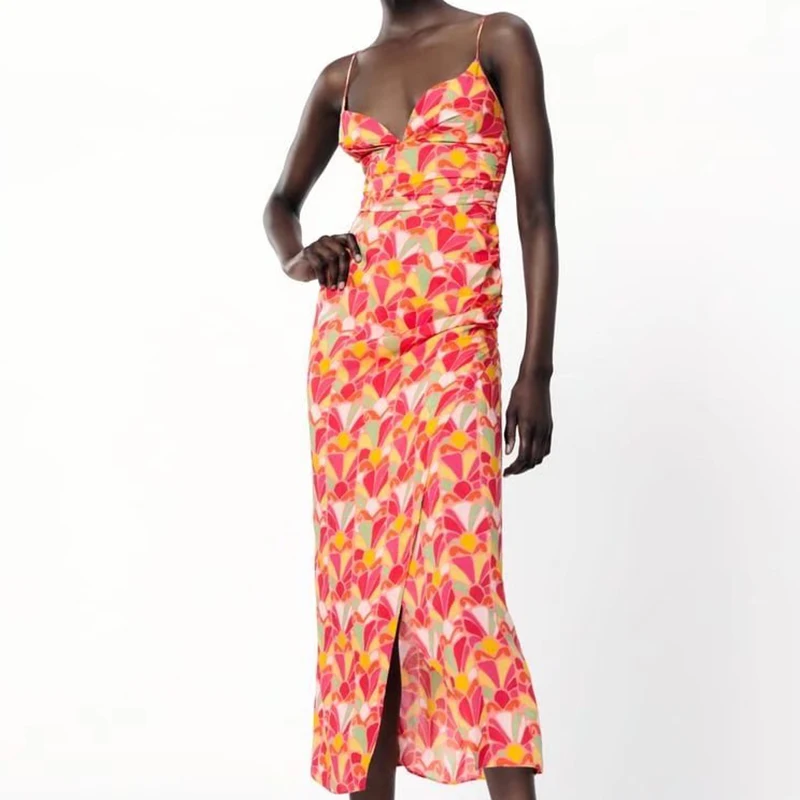 

2022 летнее женское модное платье-комбинация со складками, универсальное женское длинное платье без рукавов с V-образным вырезом и разрезом ...