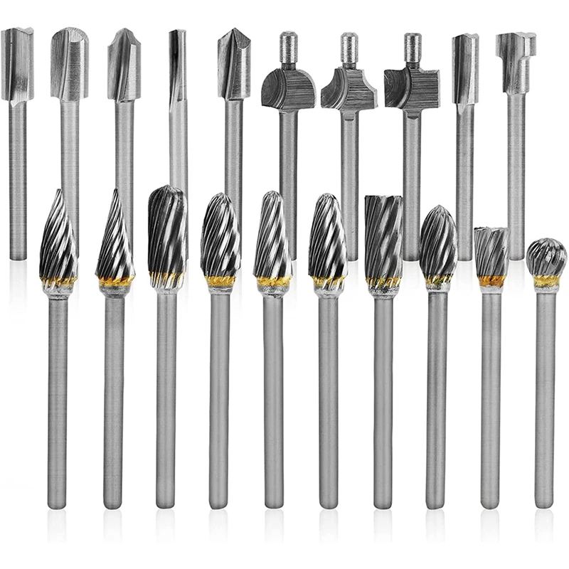 

Carbide Burr Set With Rotary Router Bits 20Pcs Die Grinder Bits 1/8Inch Shank Rotary Burr Set For Woodworking,Drilling