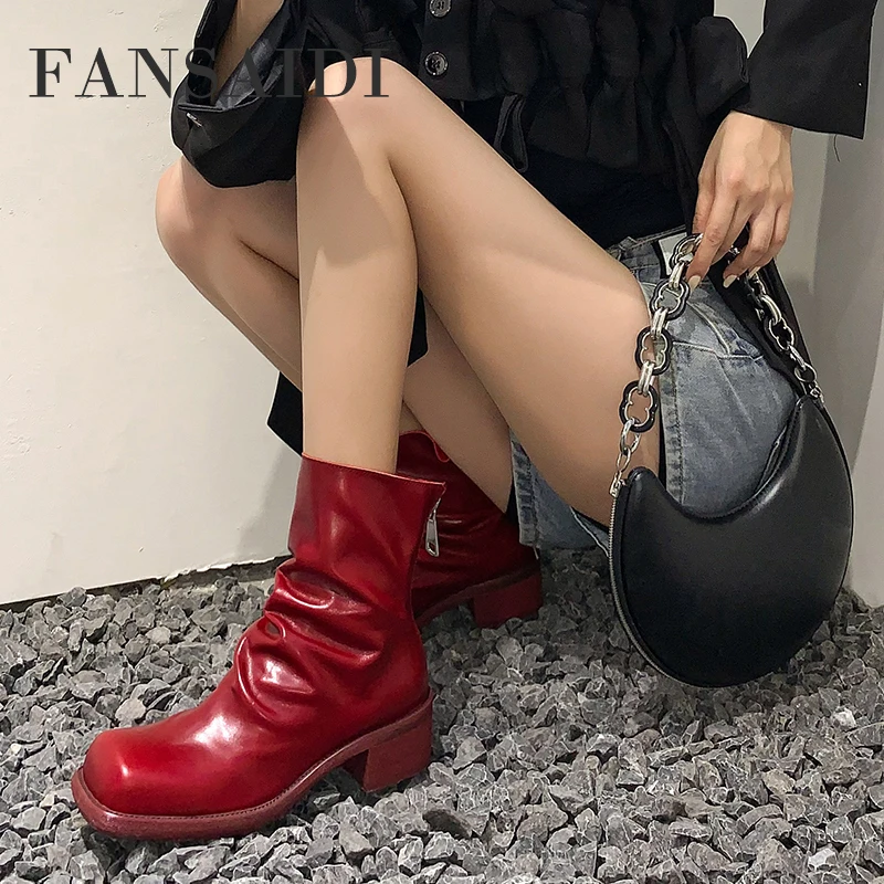 

FANSAIDI 2022 Fashion Winter Zipper Square Toe Ankle Boots burgundy Genuine Leather Cross Tied Matin Female Boots Big Size 40