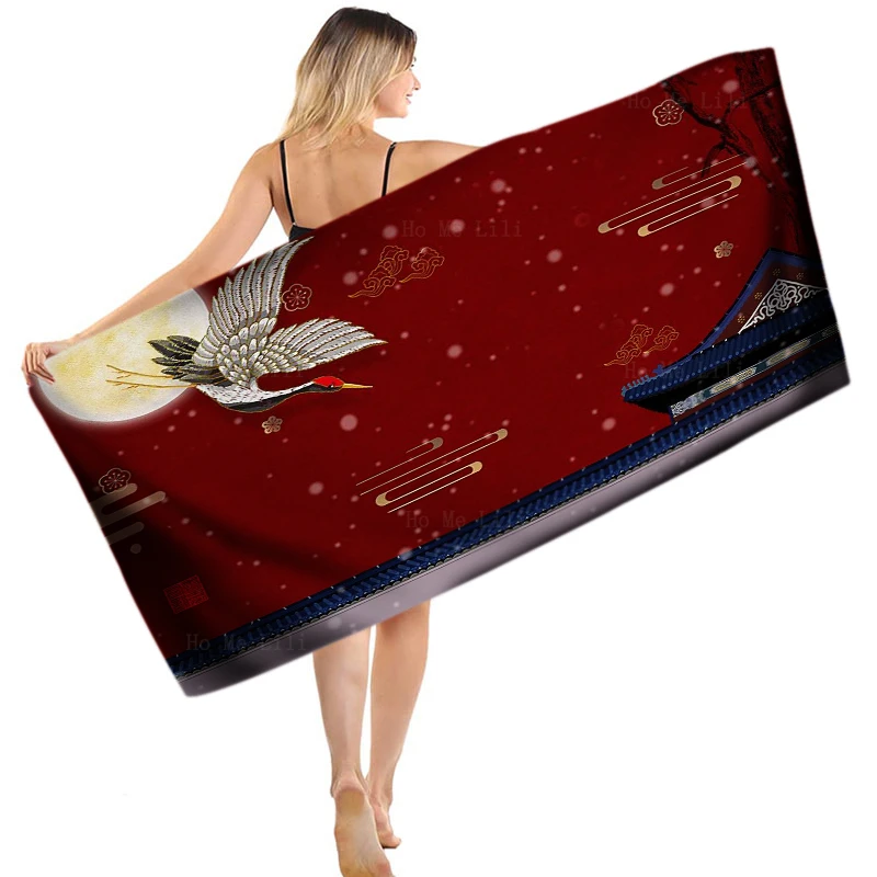 Красная атмосфера китайская архитектура тема журавль Луна ормозия темное классическое быстросохнущее полотенце от Ho Me Lili подходит для йоги фитнеса