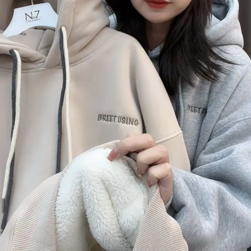 Winter new Korean version plus velvet padded small letter embroidery loose Joker long sleeve hooded vests women