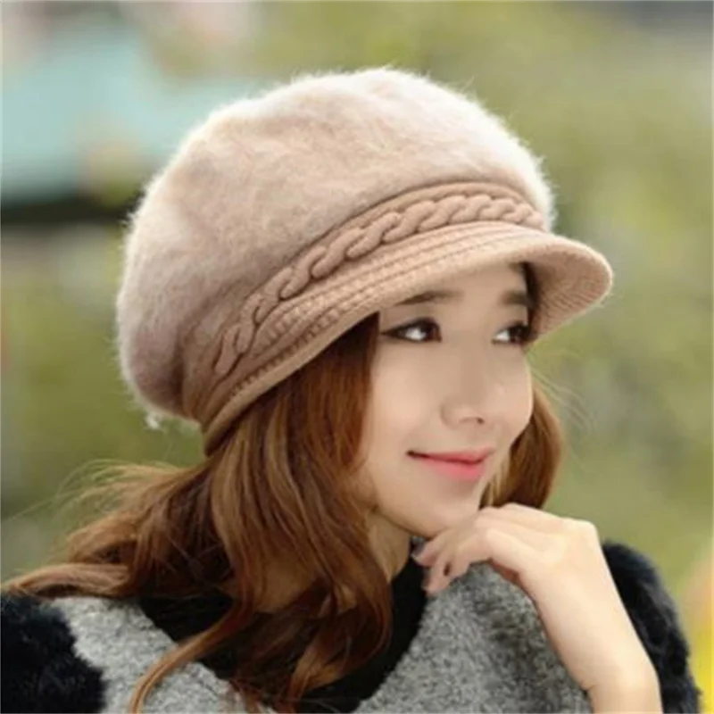 Зимние женские береты шапки однотонные вязаные из кроличьего меха зимняя теплая