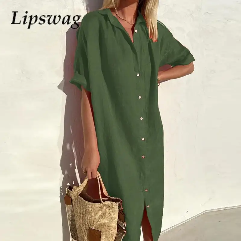 

Elegant Turn-down Collar Shirt Dress Women Fashion Solid Short Sleeved Cotton Linen Dress Office Lady Sexy Split Long Dresses