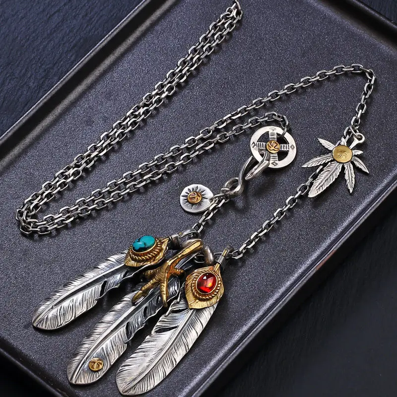 

New Design Retro Style Turquoise Feather Silver Necklace Men And Women Sweater Chain Jewelry Accessories