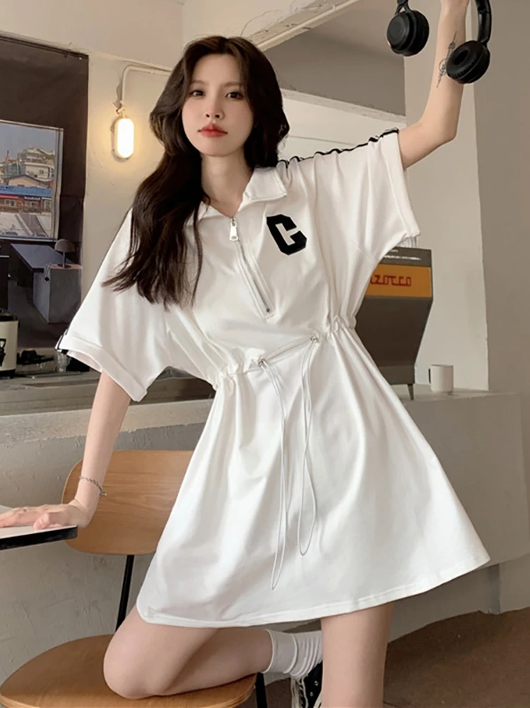 

Drawstring waist dress women's summer Korean 2022 new sports cool and cute color matching slim short sleeved skirt