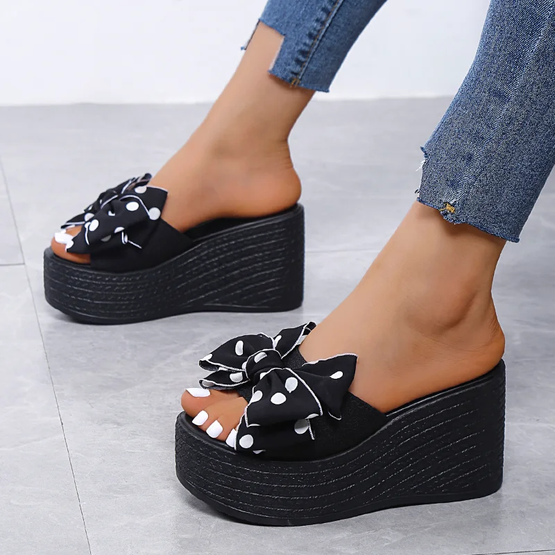 

Women Shoes 2022 Summer Platform Women's Bowknot Sandals Casual Slope Heel Slippers Thick Bottom Open Toe Outdoor Beach Shoes