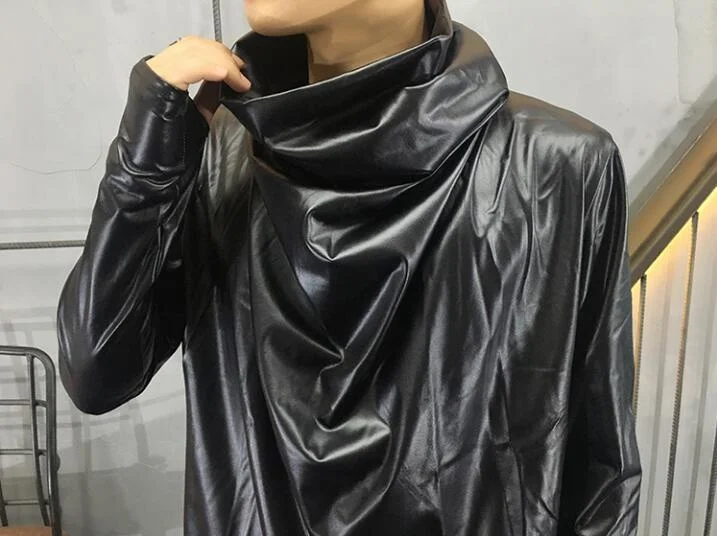 

Autumn new long sleeve jacket loose Fashion Men t-shirt male tide solid color high collar PU leather personality t shirt