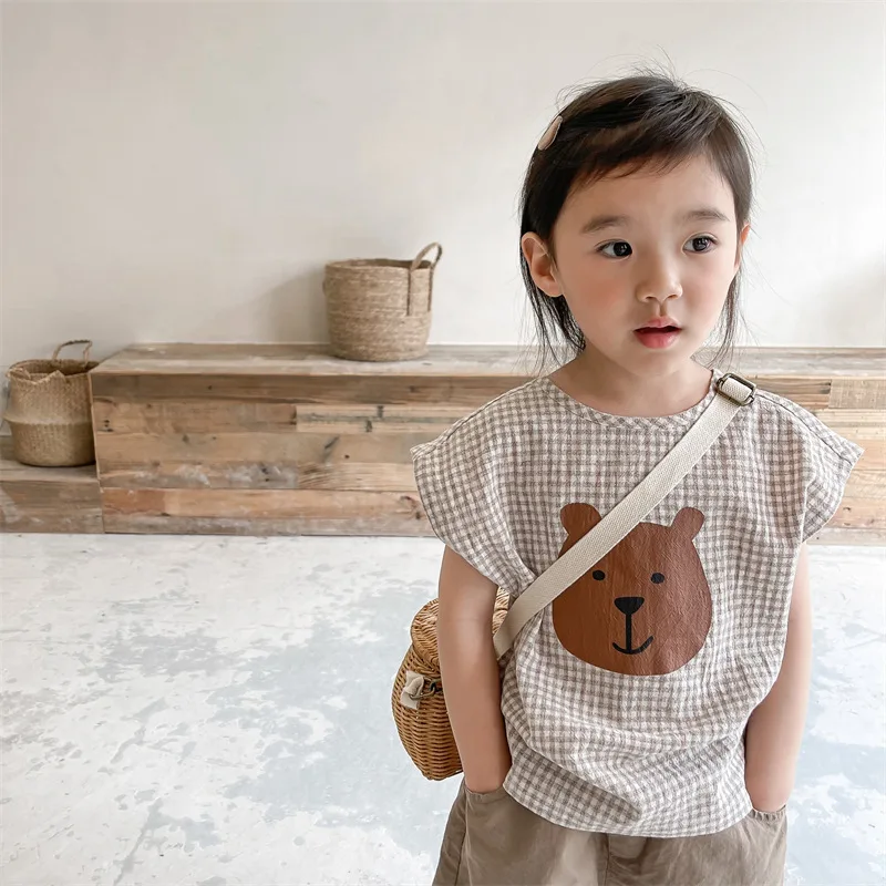 

Children's Short Sleeves Kid Boy Bear Print Plaid Vest Casual Cotton Loose Sleeveless T-shirt Girl personality Clothes