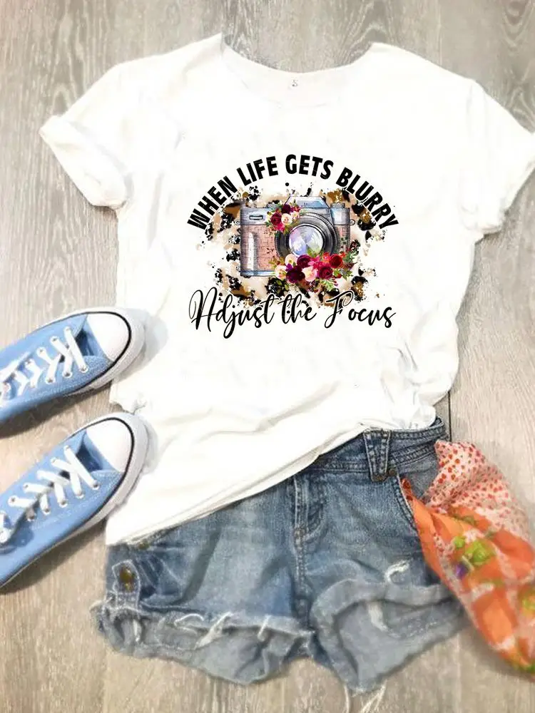

Women Spring Camera Letter Trend Cute Fashion Summer Female Tee Shirt Lady Short Sleeve Print Clothes Graphic T-shirt