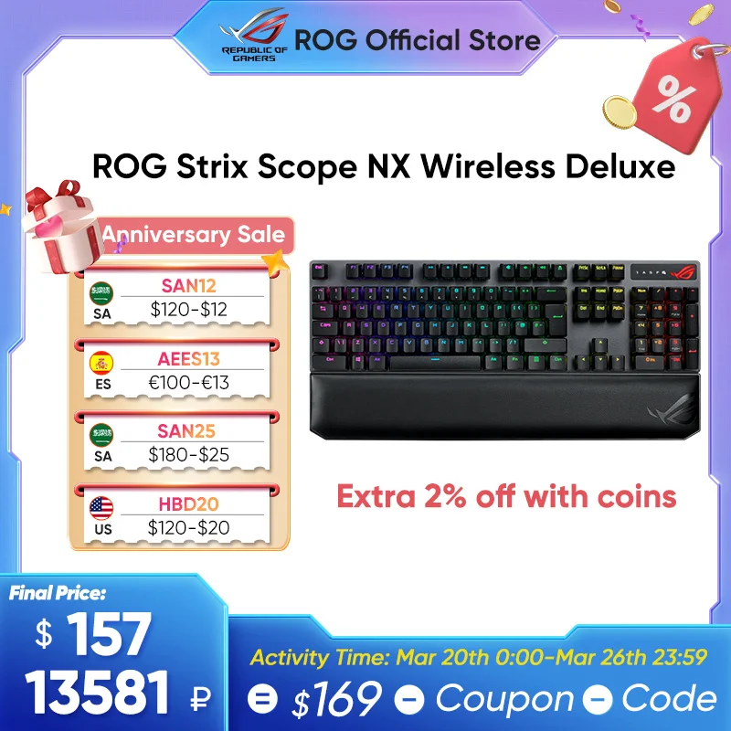 

ASUS ROG Strix Scope NX Deluxe RGB Wireless Mechanical Gaming Keyboard With ROG NX Switches Aura Sync Lighting For FPS Games