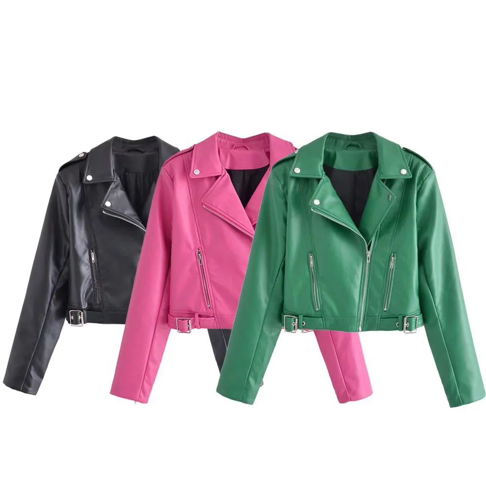 

2022 Female Clothing New Fashion PU Leathers Outwear Zipper Outfit Vintage Long Sleeves Suit Collar Leather Jacket