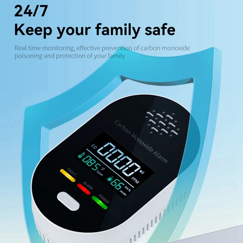 3-In-1 Carbon Monoxide Detector Temperature And Humidity Portable CO Alarm Gas US Plug