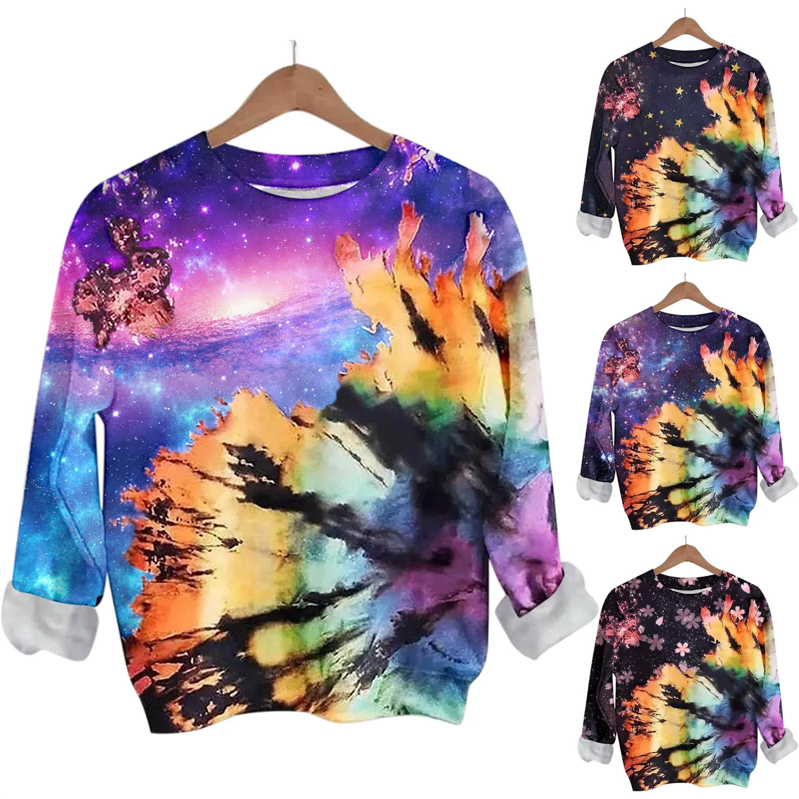 

Sweater Zip up Women Sweatshirt O-Neck Casual Tie-Dye Print Long Sleeves Pullover Blouses Top Sweatshirt