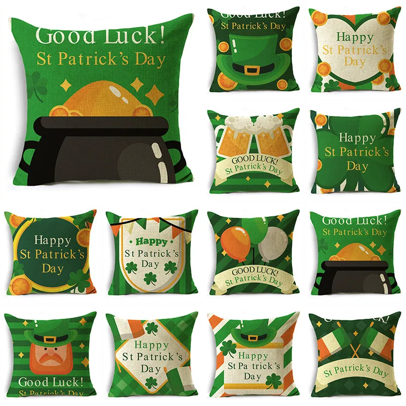 

Good Luck St. Patrick'S Day Print Green Series Pillow Case Four-leaf Clover Coin Pattern Cushion Cover Sofa Car Decor 40/45/50cm