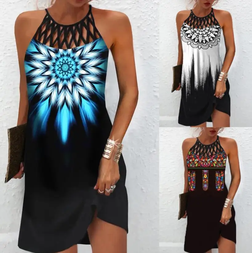 

Summer Fashion Women Loose Sexy Strap Camis Elegant Dress 5XL Hollow Out Party Leopard Sleeve Hole Print Mini Dresses