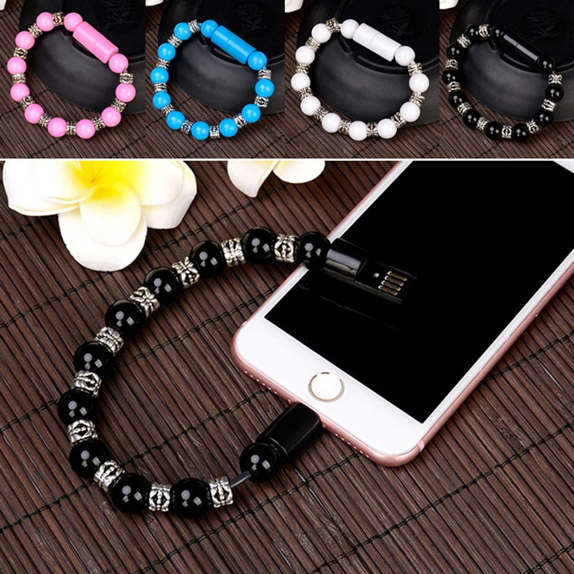 Creative Micro USB Type C Beaded Strand Bracelet Women Men Data Charger Cable Solid Cord for iPhone 6 7 X Samsung S7 S10