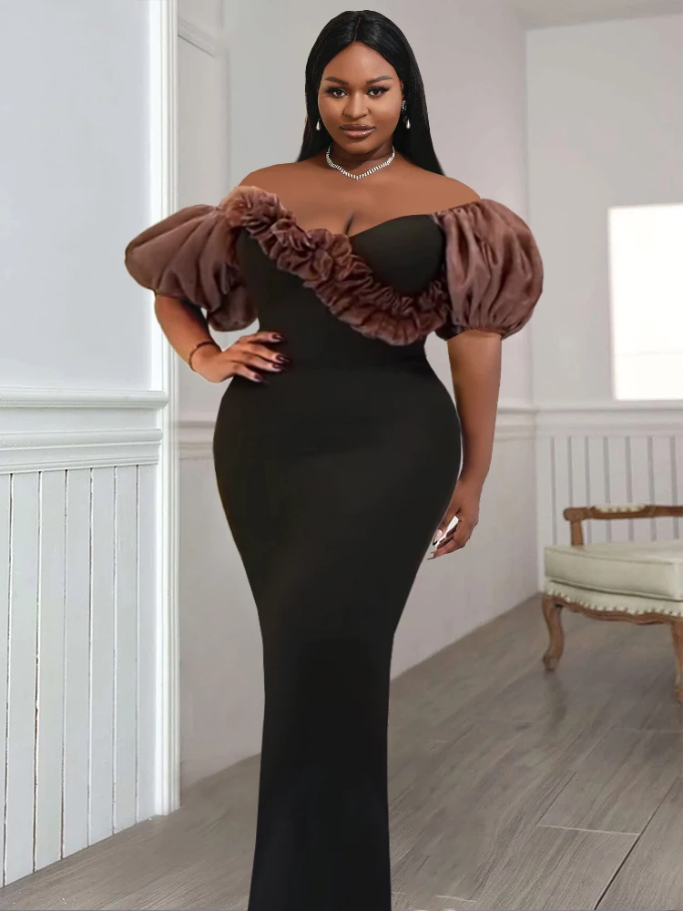 

Plus Size Stylish Party Dress Women Sexy Off Shoulder Tulle Robe Short Sleeve High Waist Bodycon Mesh Evening Birthday vestido