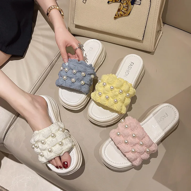 

Female Shoes Ladies' Slippers String Bead Luxury Slides Med Platform 2022 Flat Designer Soft PU House Slippers Platform Flat Sho