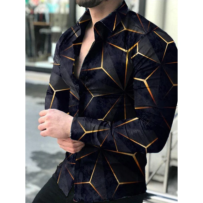 

New Fashion Social Luxury Men Shirts Turn-down Collar Buttoned Shirt Casual Print Long Sleeve Tops Men's Clothing Club Cardigan