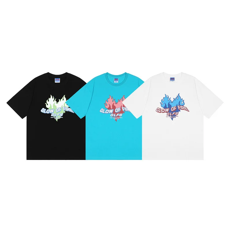 

2022 Fashionable Round Neck Cotton Flame Love Letter Print T-shirt Women Korean Version Couple Short-sleeved Tide Brand T-shirt